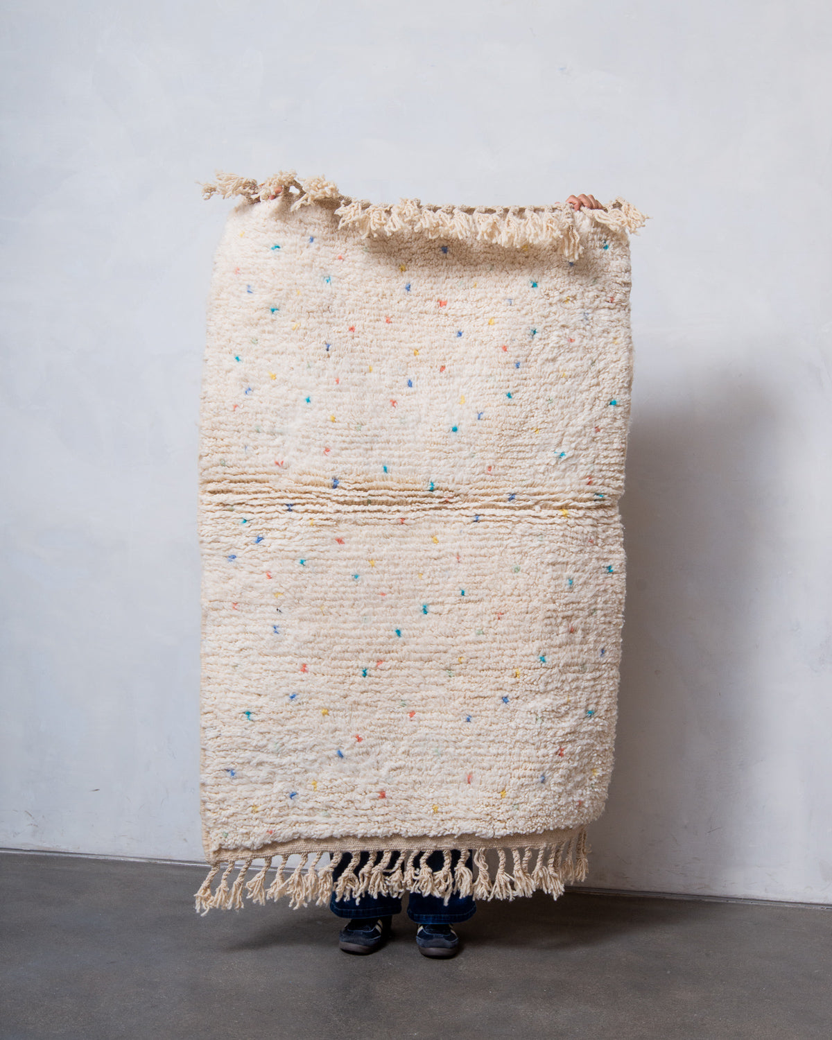 Modern, designer, handcrafted Berber rug from Morocco. Beniourain carpet with beautiful colours and patterns and fluffy wool texture.